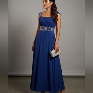 Elegant Blue Evening Gown. Rhinestone Embellished Waist. Size 16.